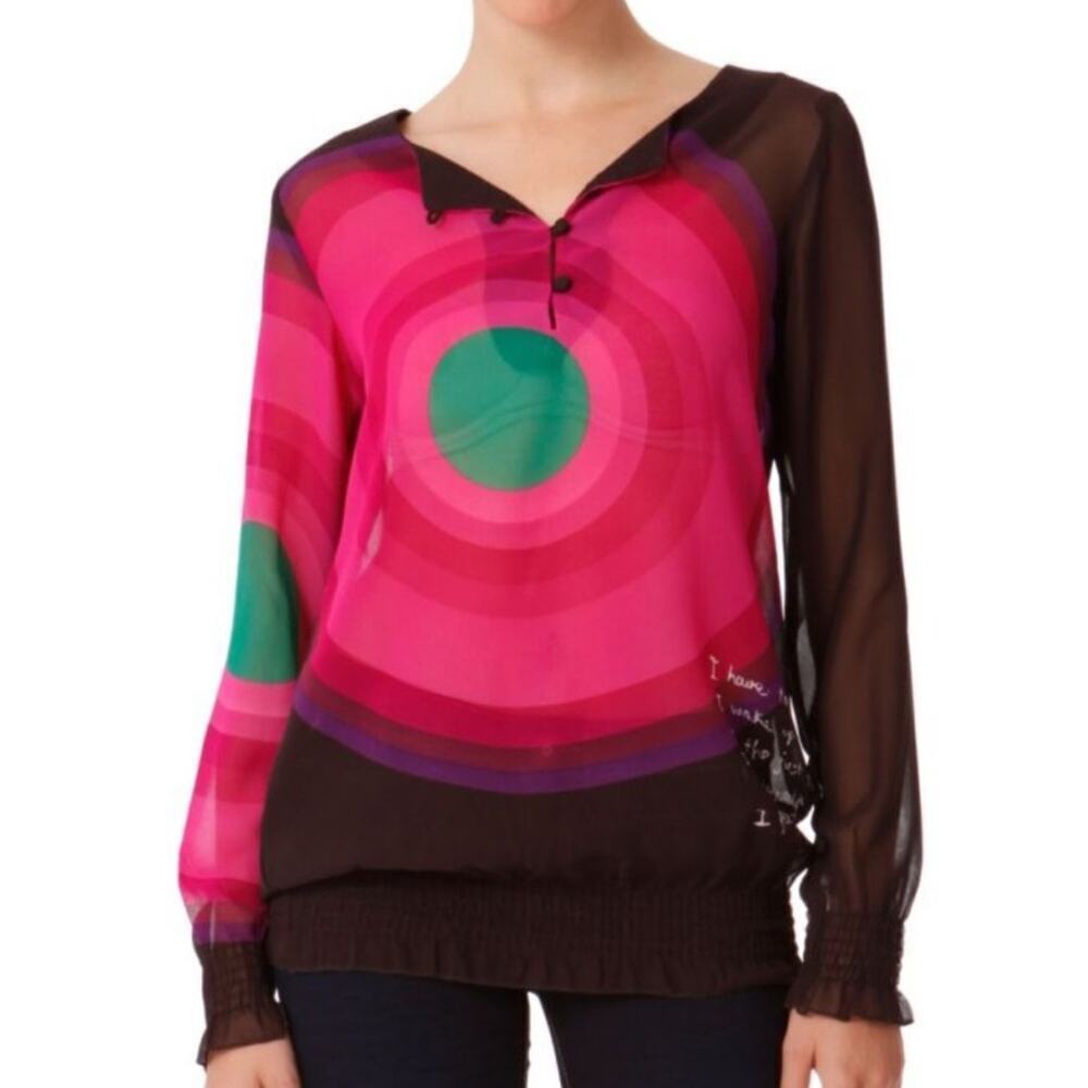 Desigual Elizabeth long sleeve shirred hem and cuffs sheer top size extra small - Picture 10 of 10